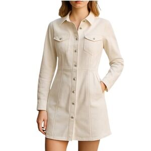 Free People Dynomite Denim‎ Mini Shirt Dress Ivory Women's Size M